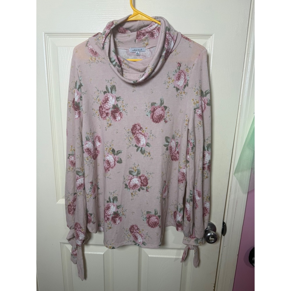 White Birch Pink Floral Cowl Neck Top Long Sleeve Tie Cuff Small